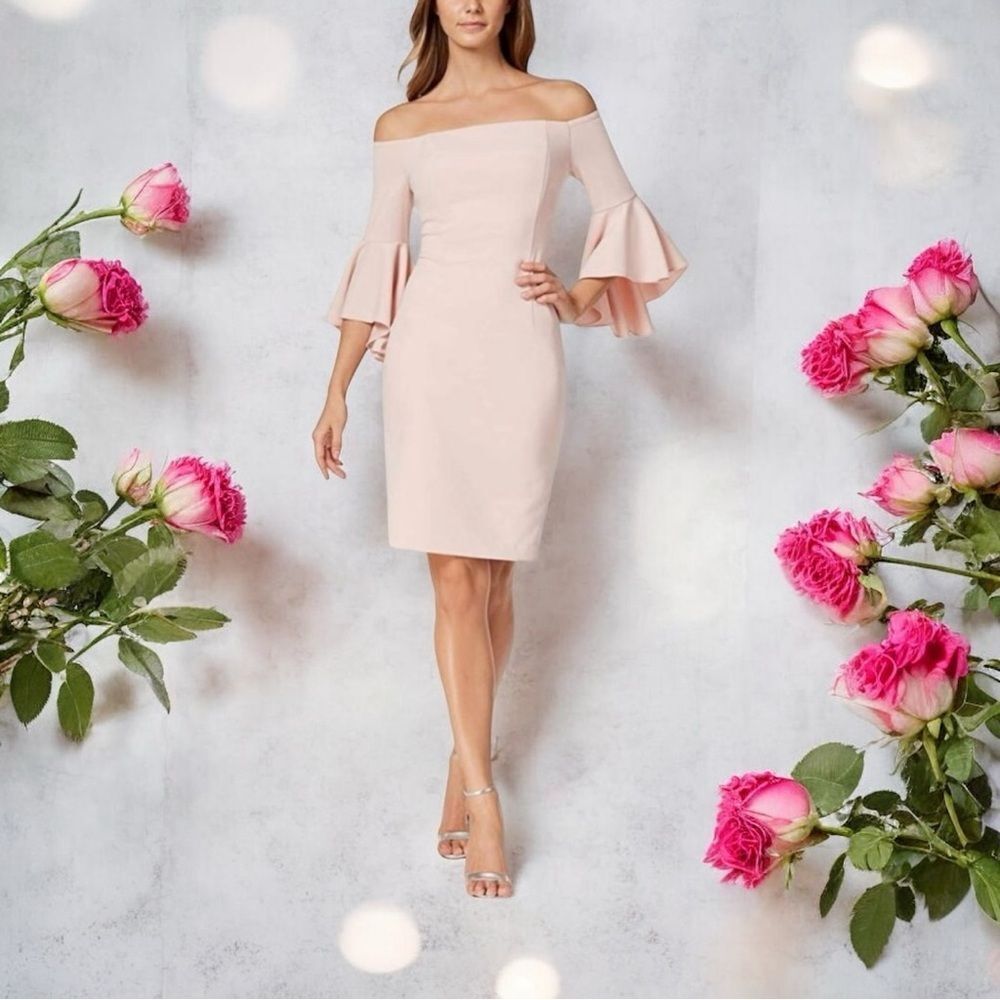 🟡 Calvin Klein Off The Shoulder Dress Fancy Bell Sleeves in Blossom Pink